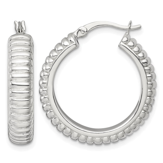 Sterling Silver Polished and Grooved 26x6mm Round Hollow Hoop Earrings