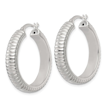 Sterling Silver Polished and Grooved 32x6mm Round Hollow Hoop Earrings