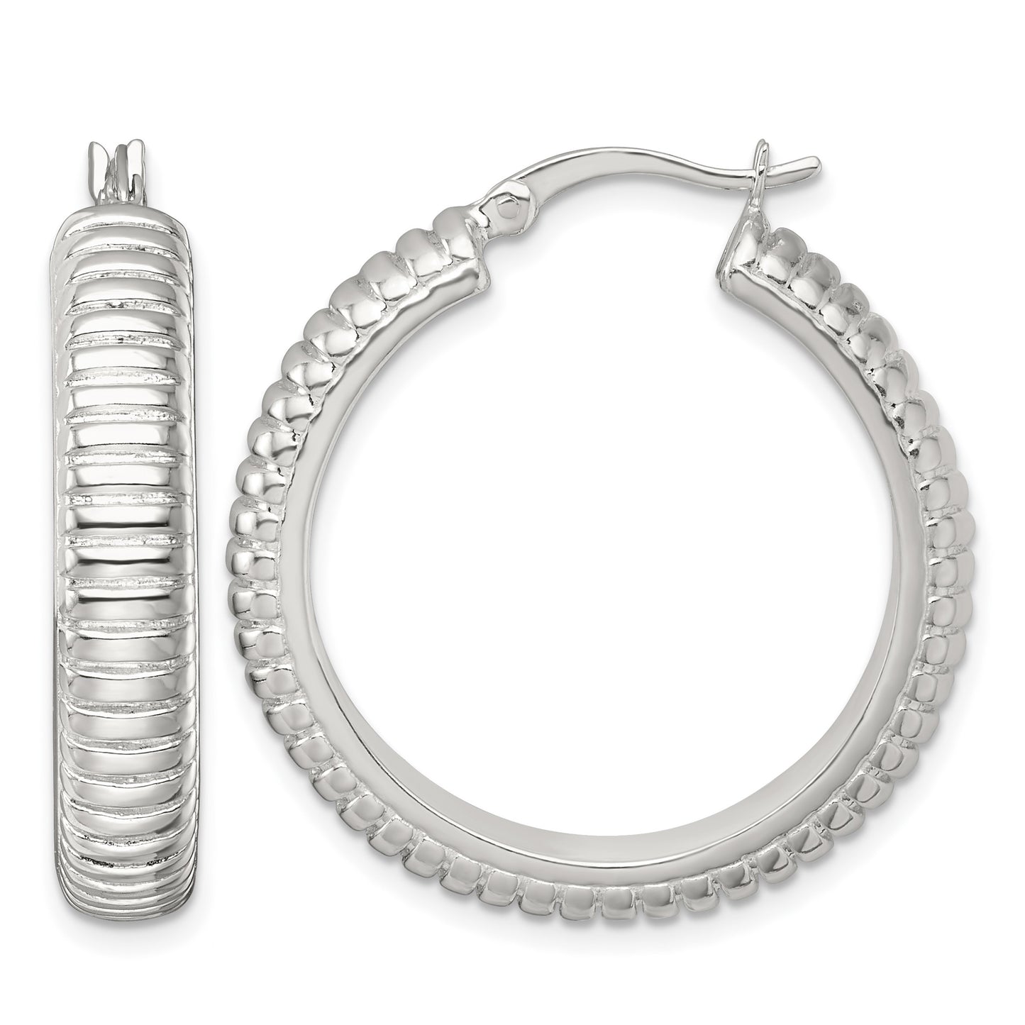 Sterling Silver Polished and Grooved 32x6mm Round Hollow Hoop Earrings
