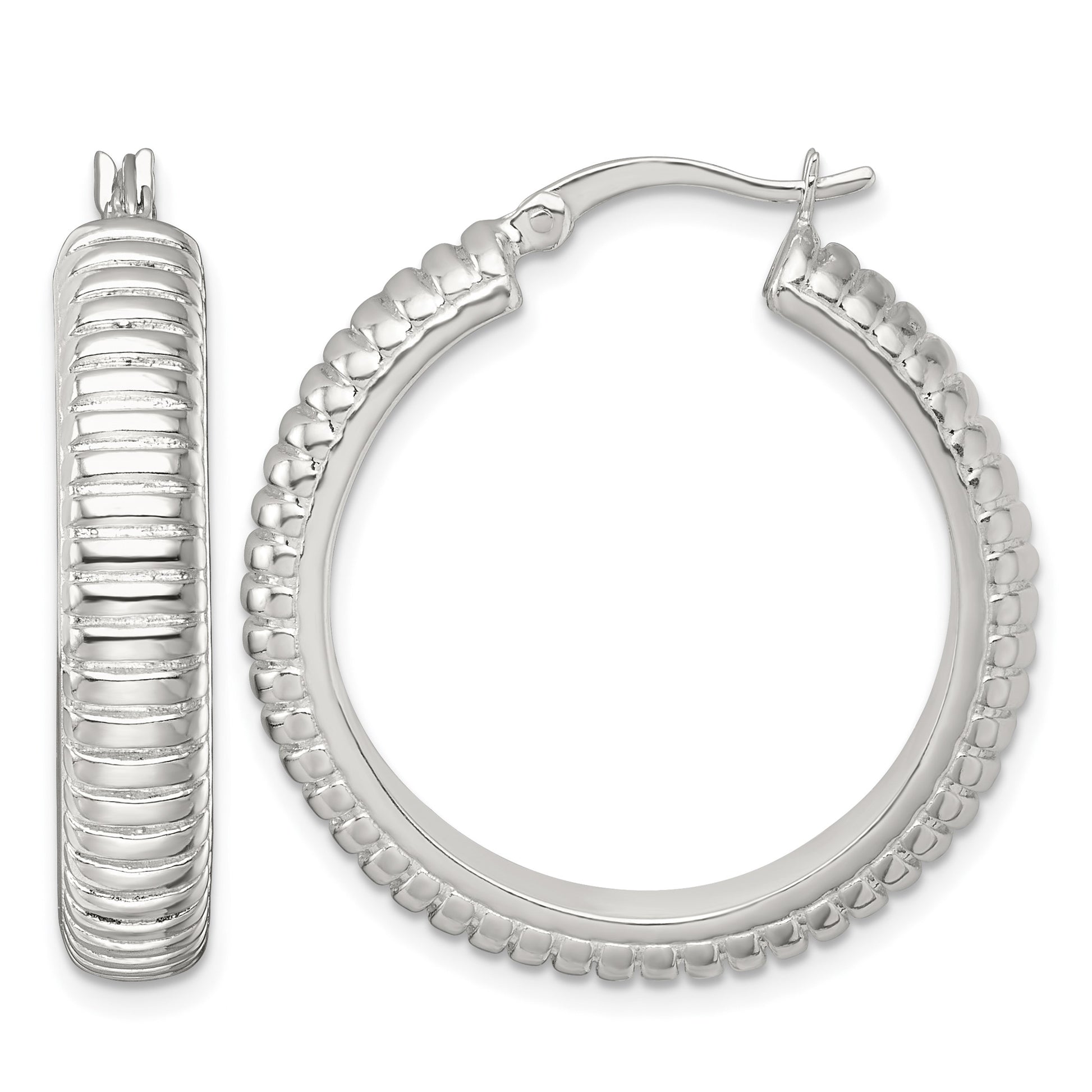 Sterling Silver Polished and Grooved 32x6mm Round Hollow Hoop Earrings