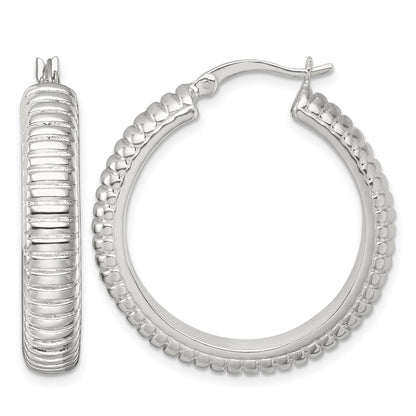Sterling Silver Polished and Grooved 32x6mm Round Hollow Hoop Earrings
