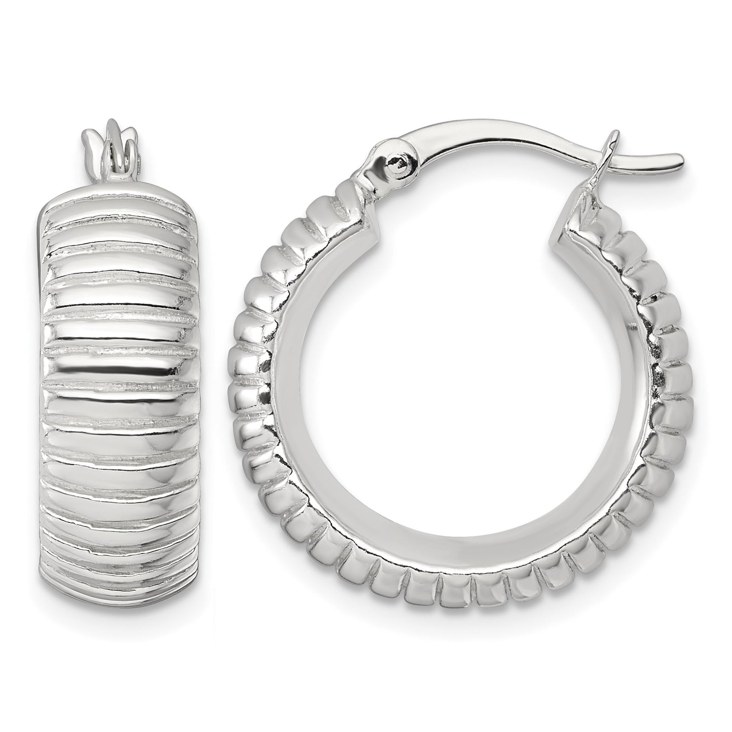 Sterling Silver Polished and Grooved 21x7mm Round Hollow Hoop Earrings
