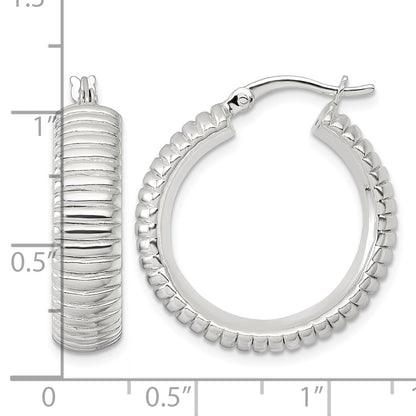 Sterling Silver Polished and Grooved 26x7mm Round Hollow Hoop Earrings