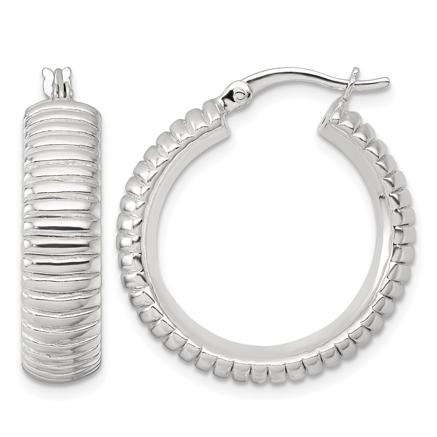 Sterling Silver Polished and Grooved 26x7mm Round Hollow Hoop Earrings
