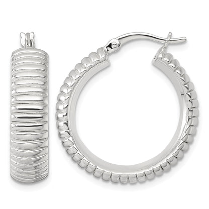 Sterling Silver Polished and Grooved 26x7mm Round Hollow Hoop Earrings