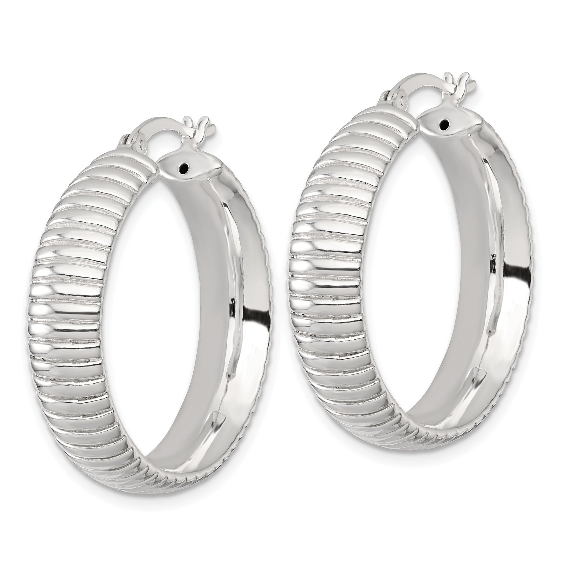 Sterling Silver Polished and Grooved 32x7.5mm Round Hollow Hoop Earrings
