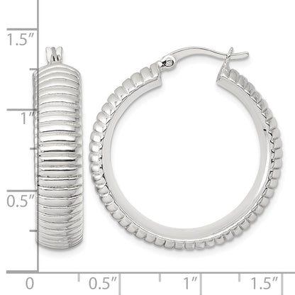 Sterling Silver Polished and Grooved 32x7.5mm Round Hollow Hoop Earrings