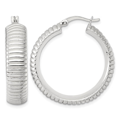 Sterling Silver Polished and Grooved 32x7.5mm Round Hollow Hoop Earrings