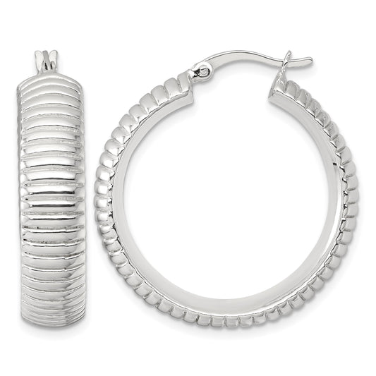 Sterling Silver Polished and Grooved 32x7.5mm Round Hollow Hoop Earrings