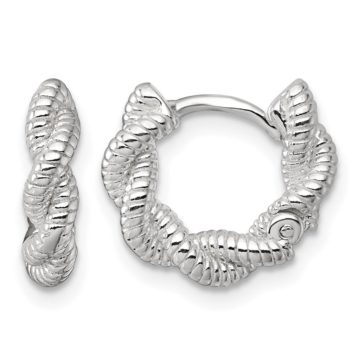 Sterling Silver Polish Textured Twisted Hinged Round Hoop Earrings