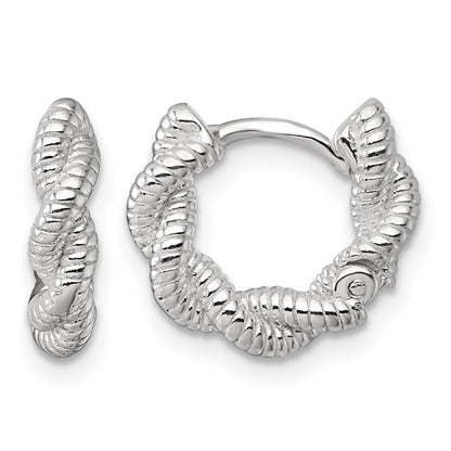 Sterling Silver Polish Textured Twisted Hinged Round Hoop Earrings