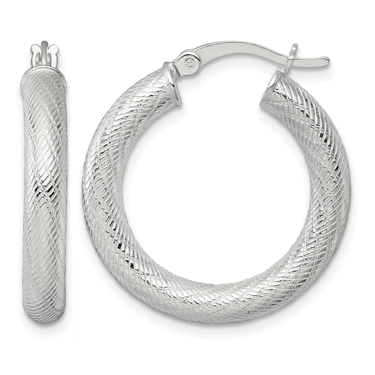 Sterling Silver Polished and Textured 25x4.0mm Round Hoop Earrings