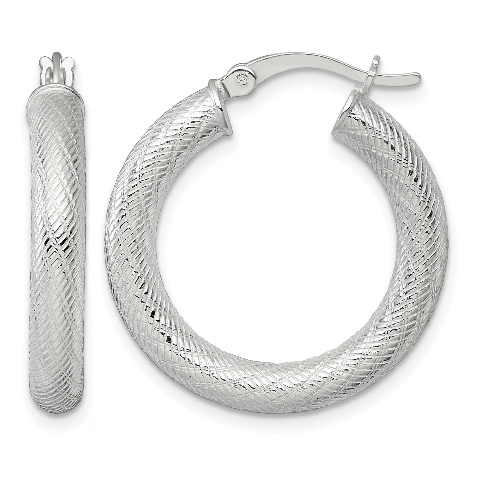 Sterling Silver Polished and Textured 25x4.0mm Round Hoop Earrings