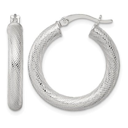 Sterling Silver Polished and Textured 25x4.0mm Round Hoop Earrings