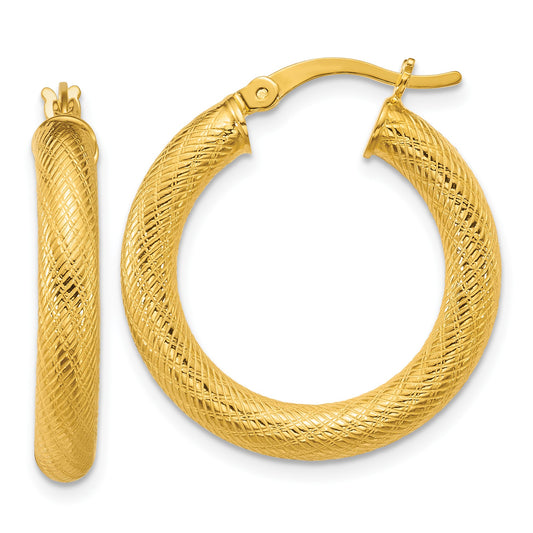 Sterling Silver Gold-tone Polished and Textured 25x4.0mm Round Hoop Earrings