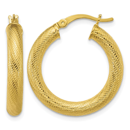 Sterling Silver Gold-tone Polished and Textured 25x4.0mm Round Hoop Earrings