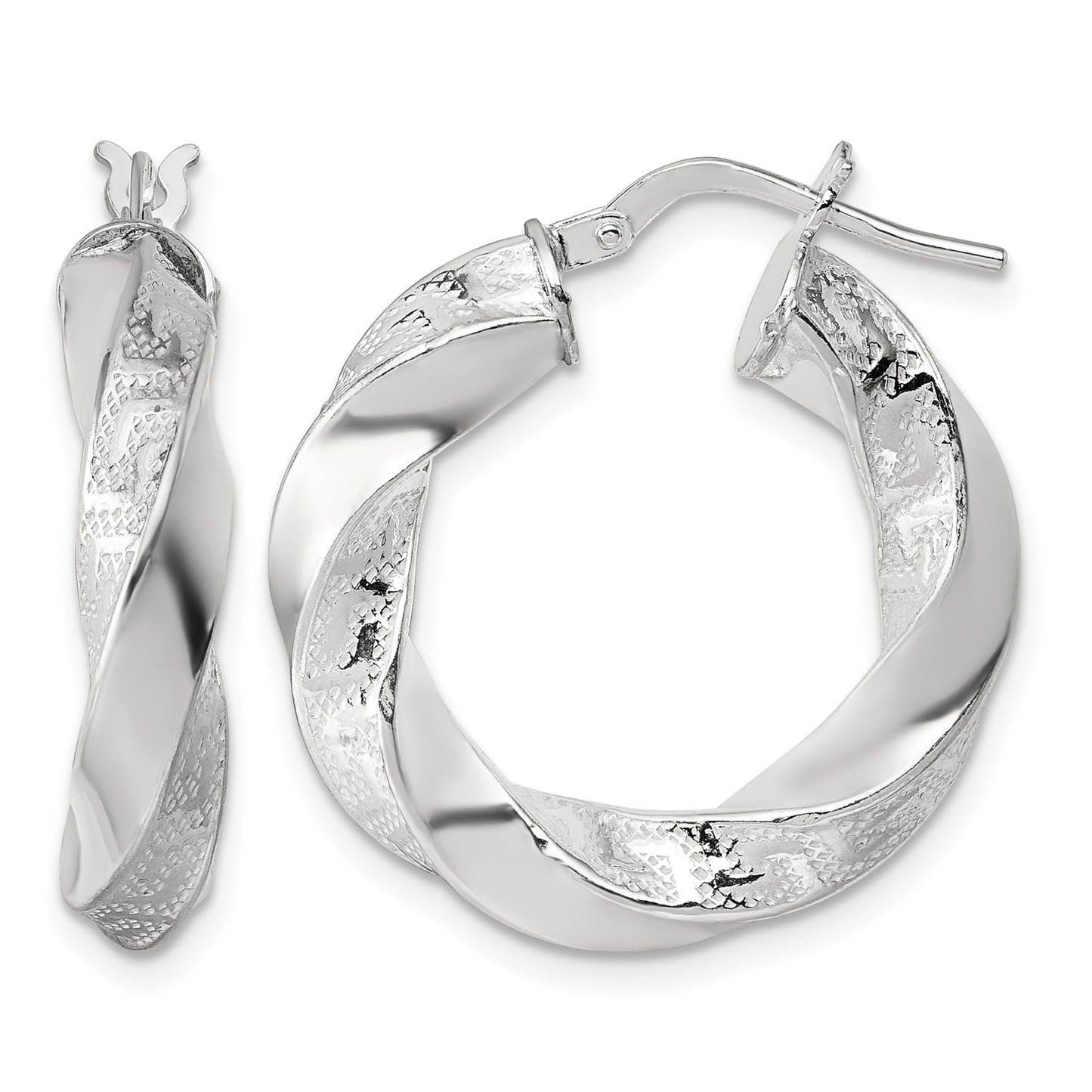 Sterling Silver Polished Greek Key 5mm Twisted tube Hoop Earrings