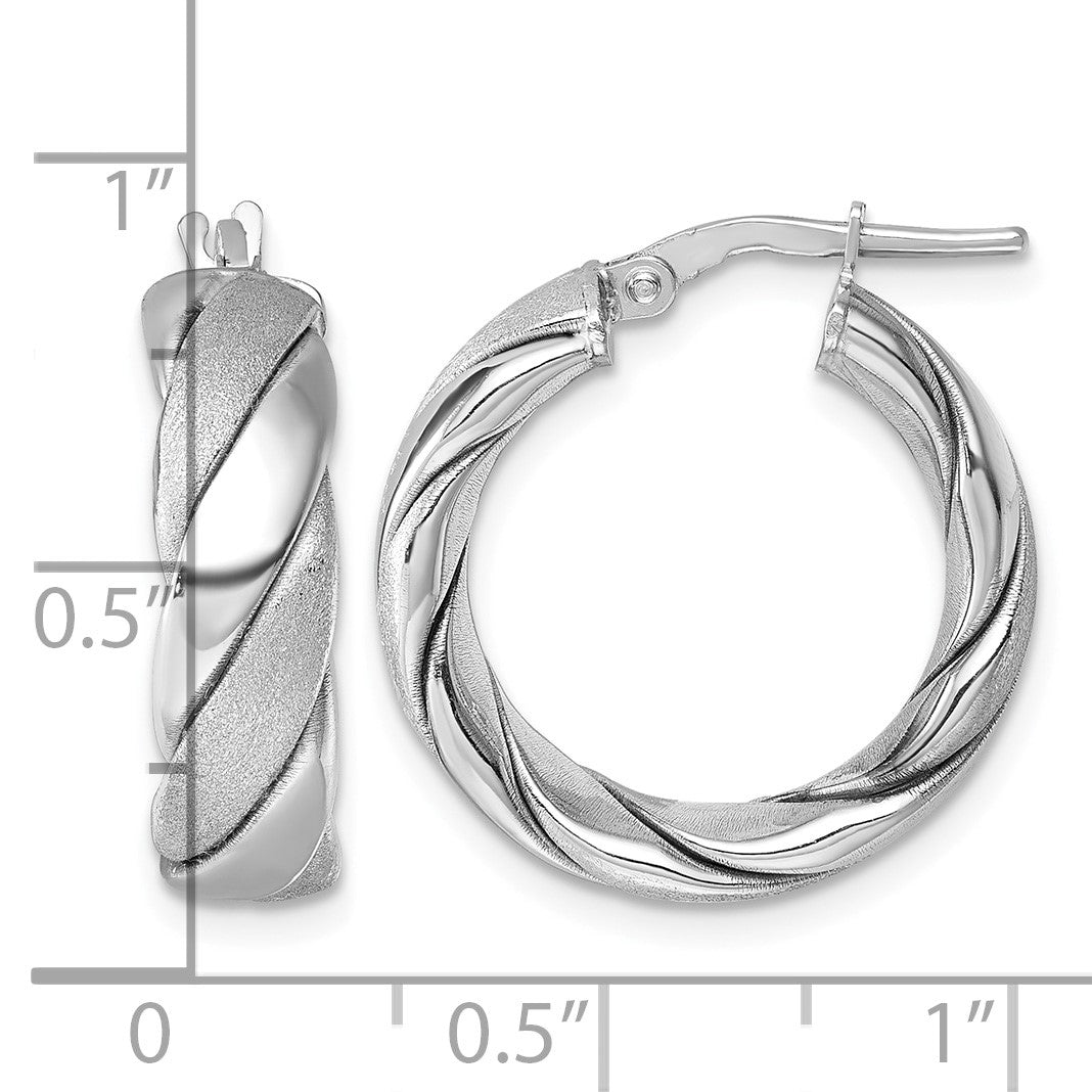 Sterling Silver Rhodium-plated Polished and Scratch Finish 6.0 x 21mm Twisted Round Tube Hoop Earrings