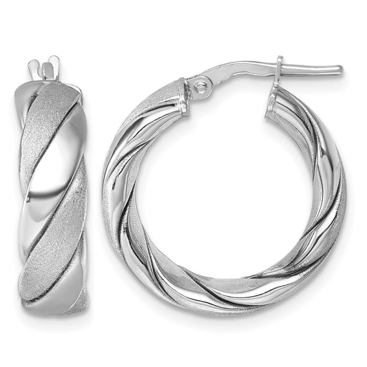 Sterling Silver Rhodium-plated Polished and Scratch Finish 6.0 x 21mm Twisted Round Tube Hoop Earrings