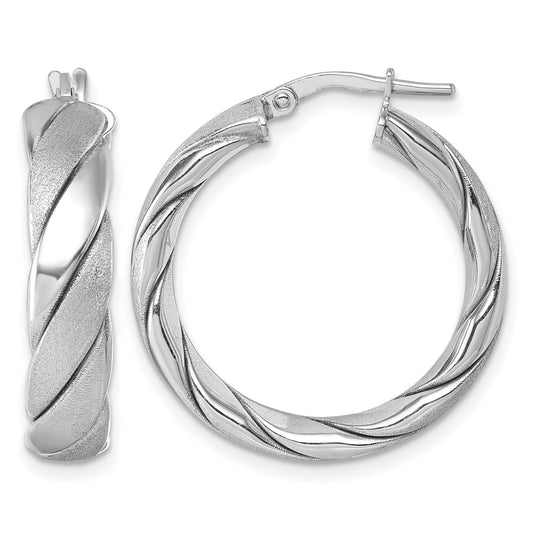 Sterling Silver Rhodium-plated Polished and Scratch Finish 6.0 x 26mm Twisted Round Tube Hoop Earrings