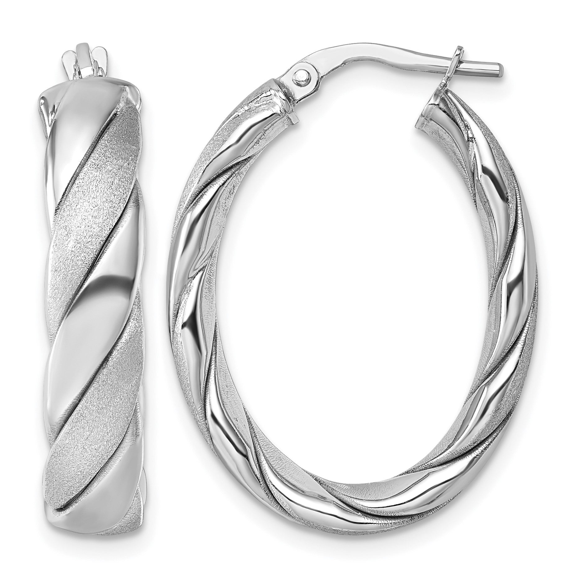 Sterling Silver Rhodium-plated Polished and Scratch Finish 6.00mm Twisted Oval Tube Hoop Earrings