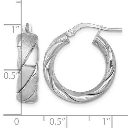 Sterling Silver Rhodium-plated Polished Brushed/Textured 6.00mm x 22mm Tube Hoop Earrings