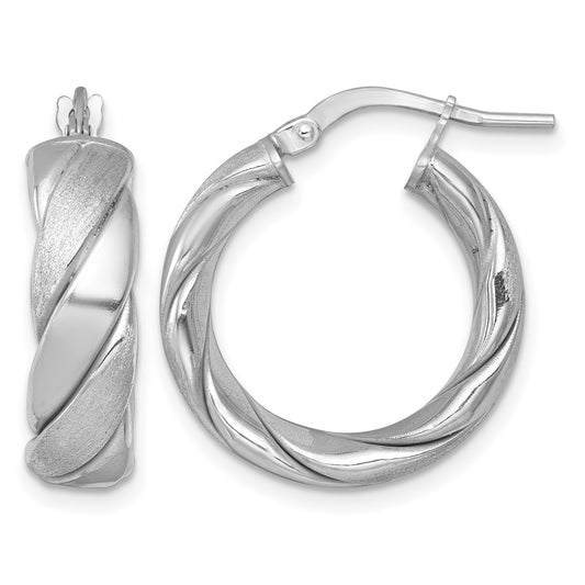 Sterling Silver Rhodium-plated Polished Brushed/Textured 6.00mm x 22mm Tube Hoop Earrings