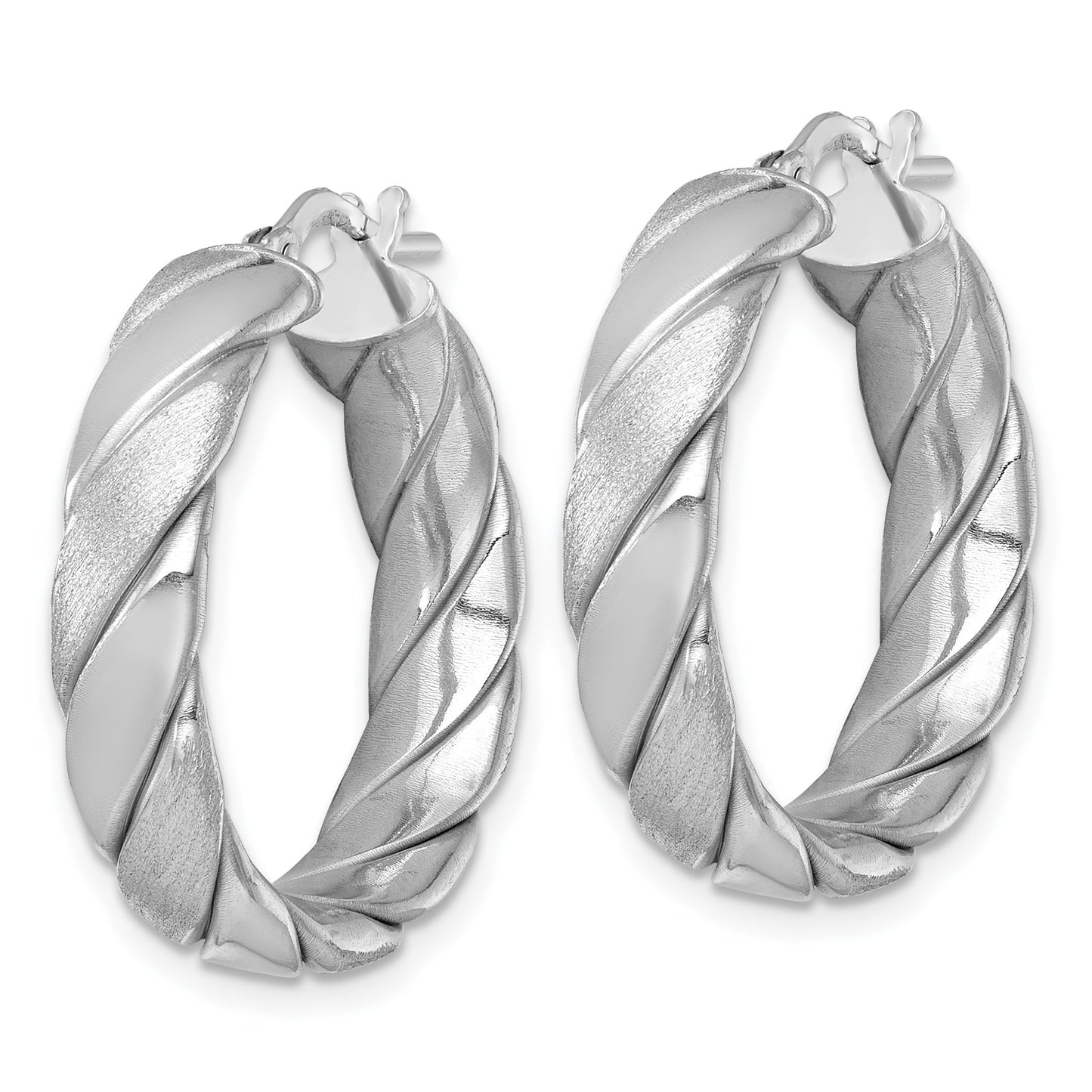 Sterling Silver Rhodium-plated Polished Brushed/Textured 6.00mm x 26mm Tube Hoop Earrings
