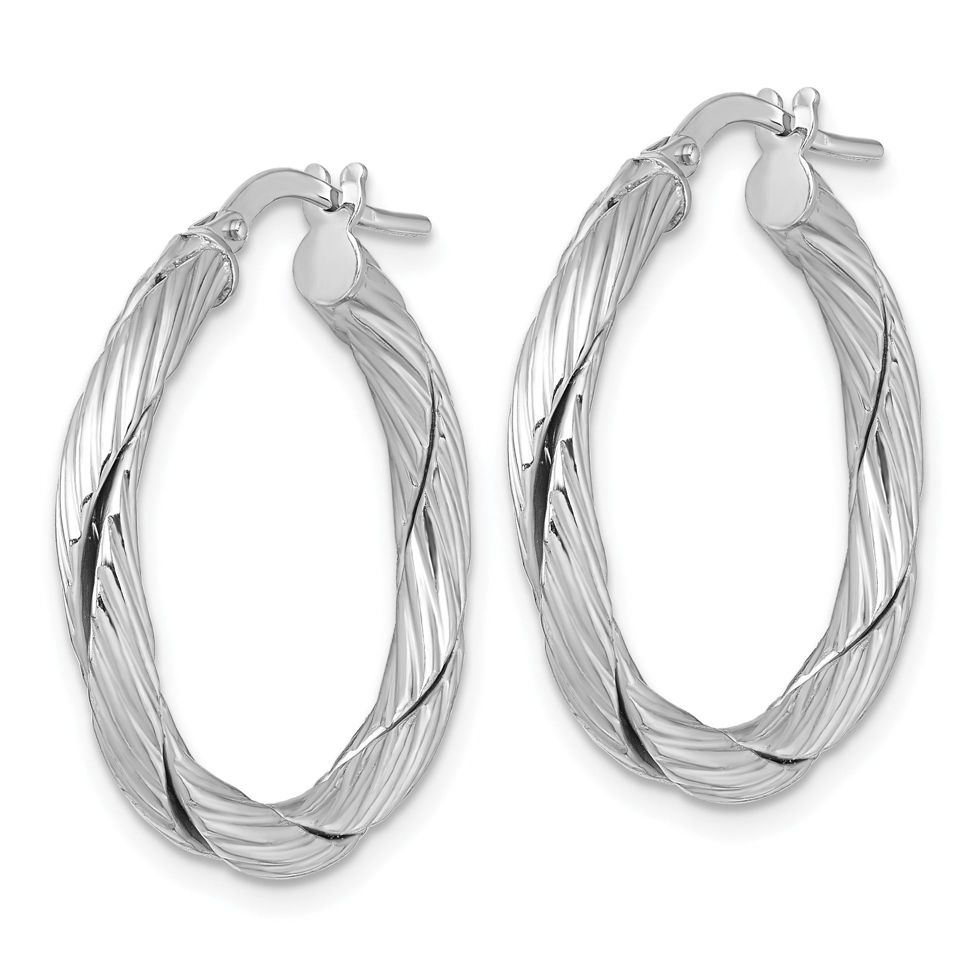 Sterling Silver Rhodium-plated Polished Textured and Twisted 3.00 x 25mm Round Hoop Earrings