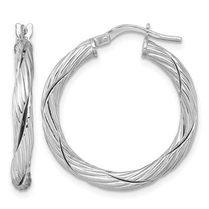 Sterling Silver Rhodium-plated Polished Textured and Twisted 3.00 x 25mm Round Hoop Earrings