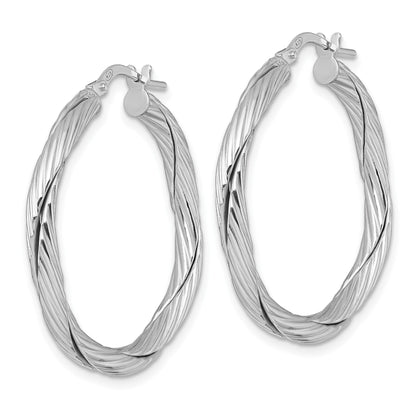 Sterling Silver Rhodium-plated Polished Textured and Twisted 3.00 x 30mm Round Hoop Earrings