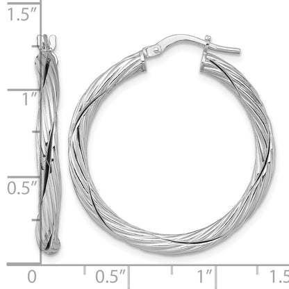 Sterling Silver Rhodium-plated Polished Textured and Twisted 3.00 x 30mm Round Hoop Earrings