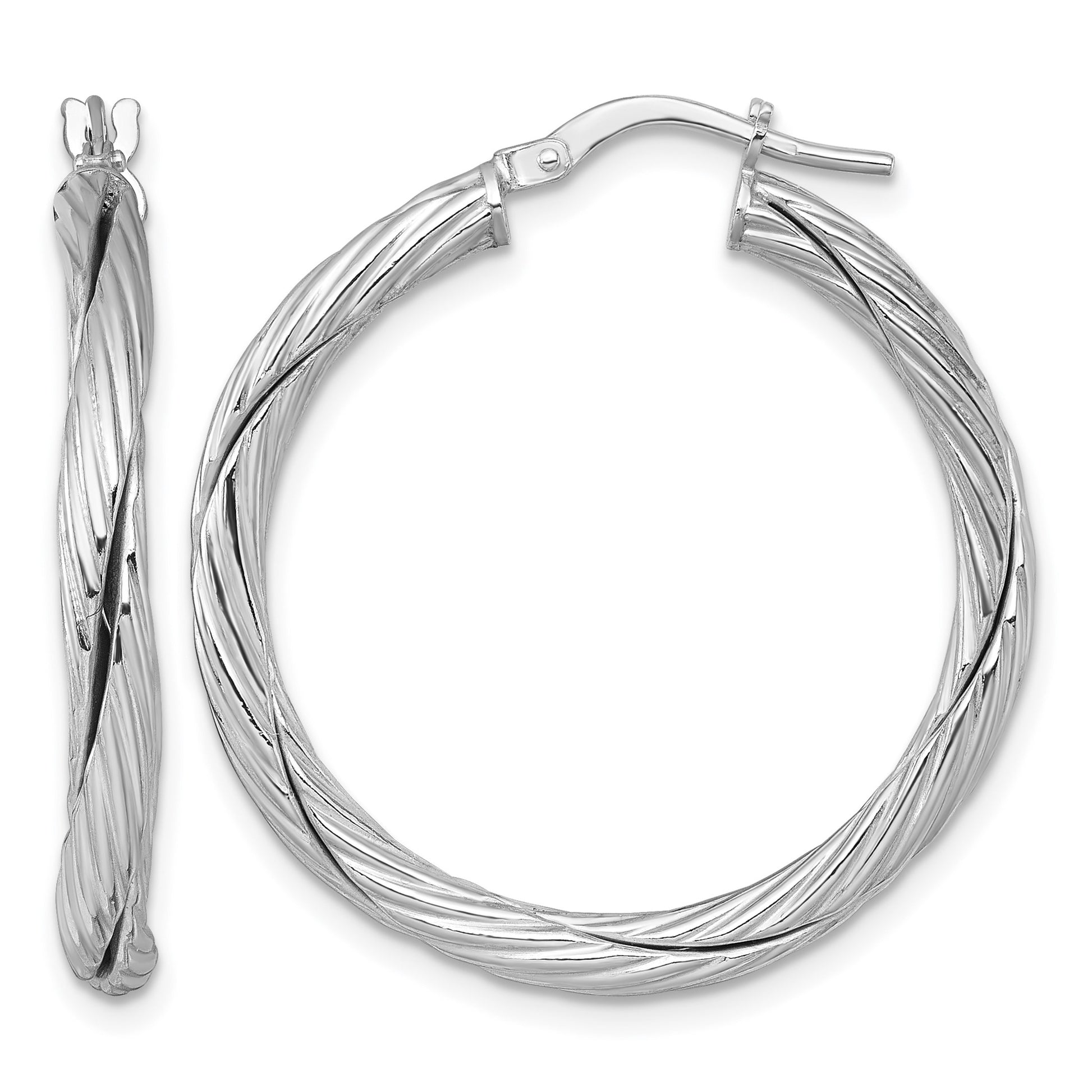 Sterling Silver Rhodium-plated Polished Textured and Twisted 3.00 x 30mm Round Hoop Earrings