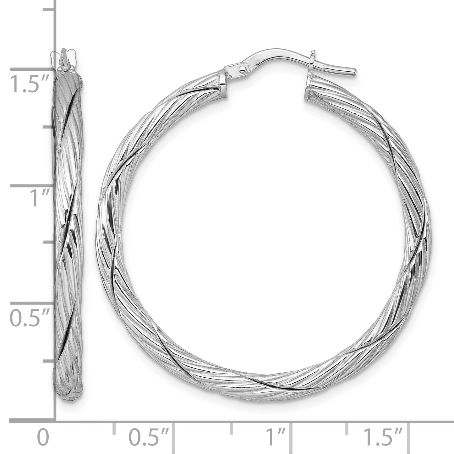 Sterling Silver Rhodium-plated Polished Textured and Twisted 3.00 x 36mm Round Hoop Earrings
