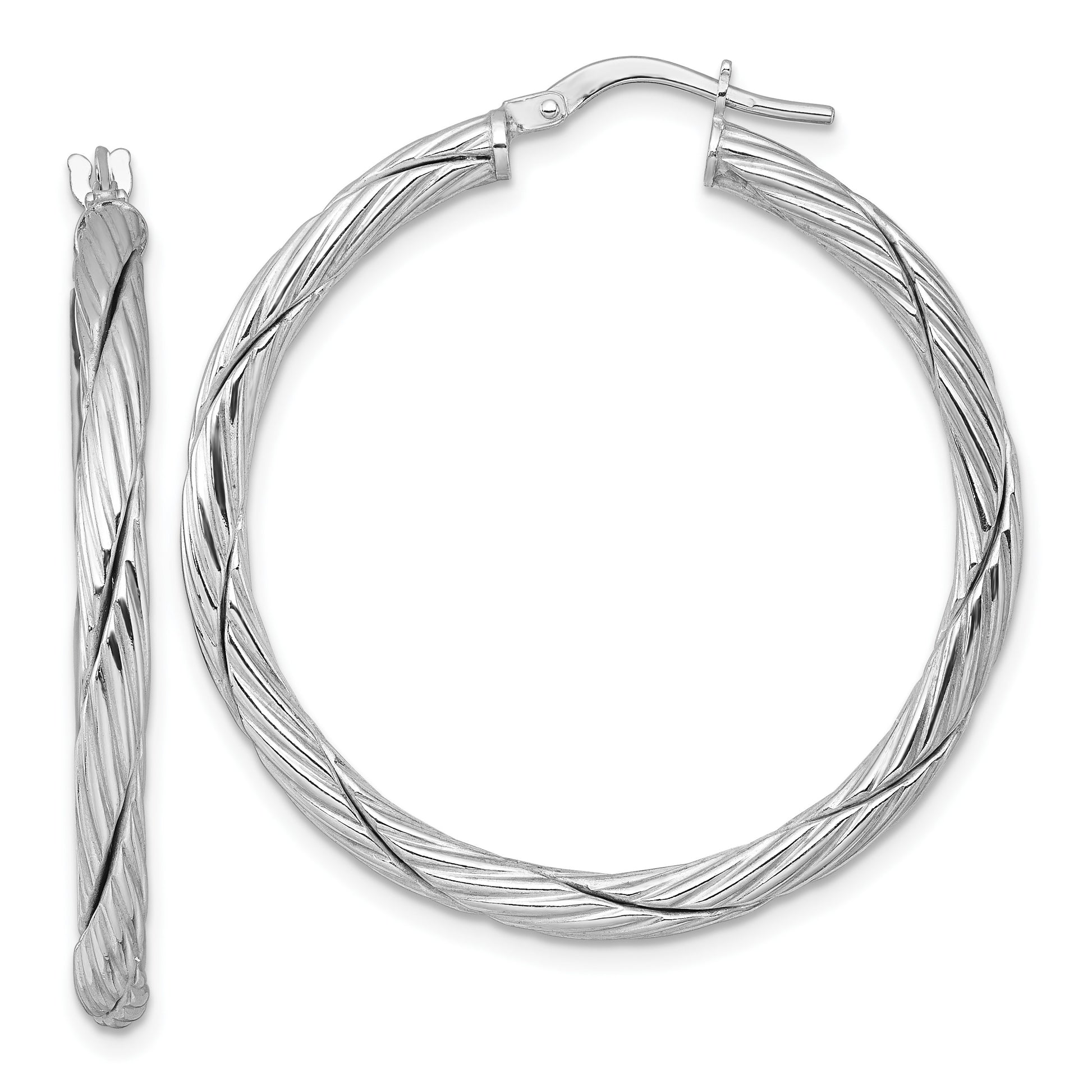 Sterling Silver Rhodium-plated Polished Textured and Twisted 3.00 x 36mm Round Hoop Earrings