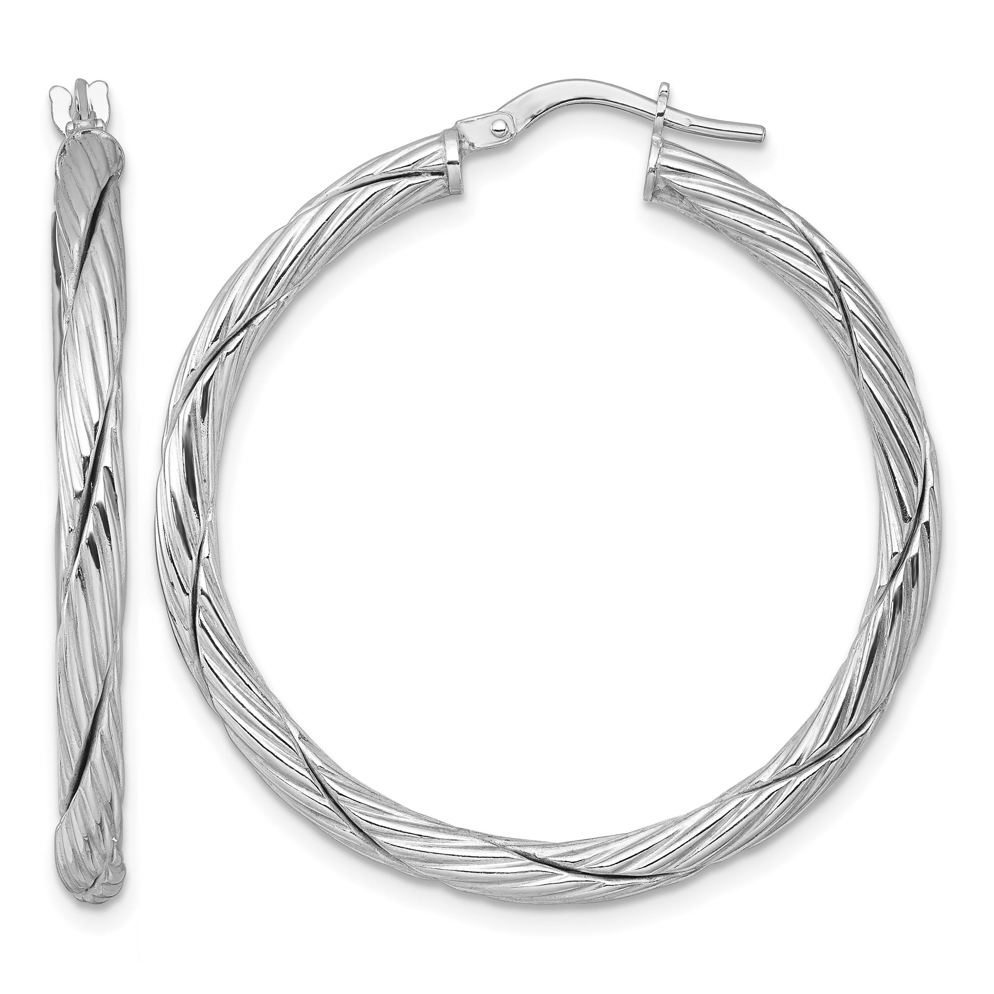 Sterling Silver Rhodium-plated Polished Textured and Twisted 3.00 x 36mm Round Hoop Earrings
