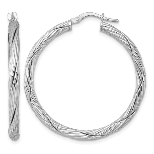 Sterling Silver Rhodium-plated Polished Textured and Twisted 3.00 x 36mm Round Hoop Earrings