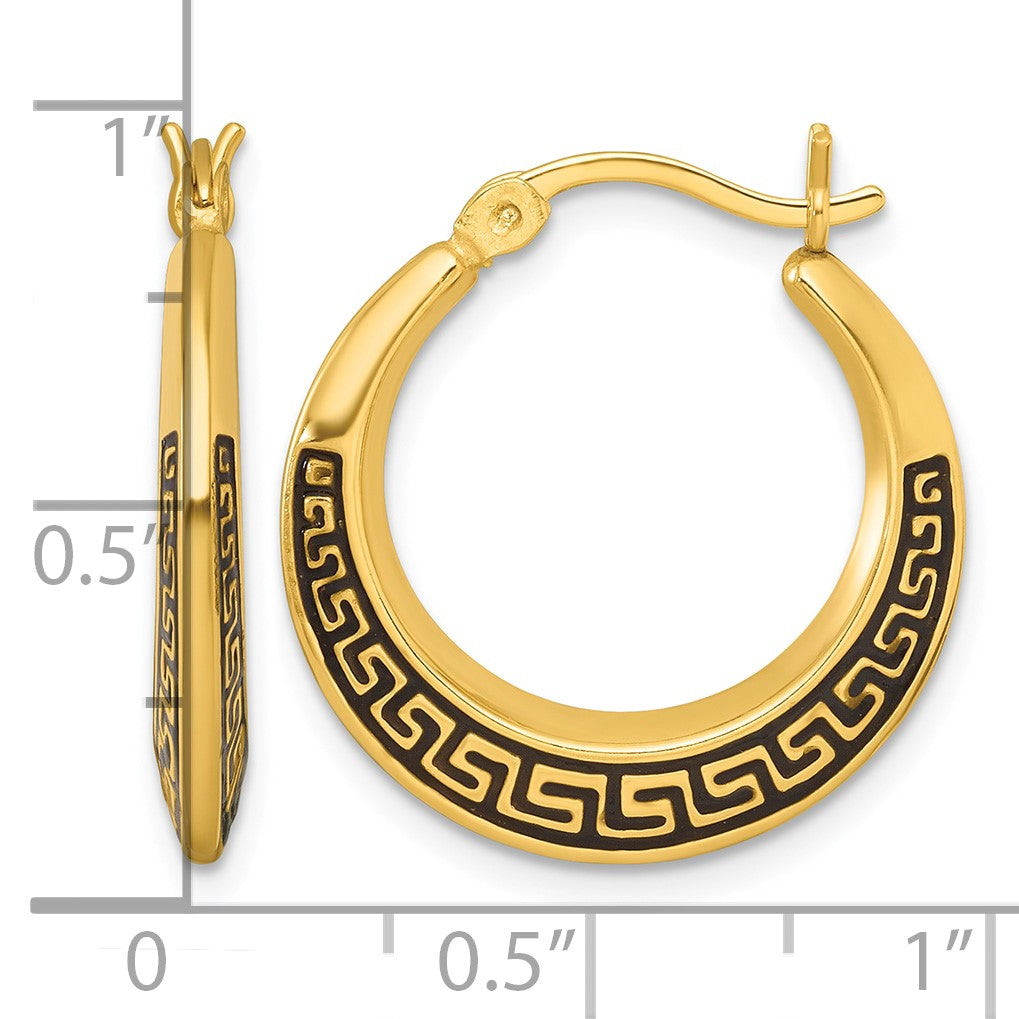 Sterling Silver Gold-tone Polished and Black Enameled Greek Key Round Graduated Hollow Hoop Earrings