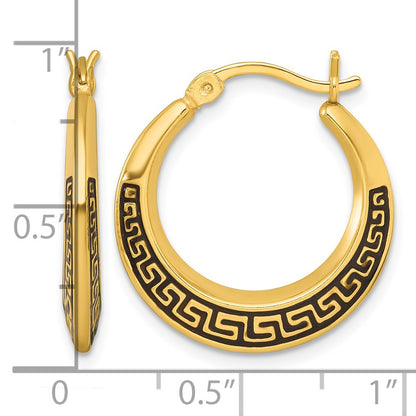 Sterling Silver Gold-tone Polished and Black Enameled Greek Key Round Graduated Hollow Hoop Earrings
