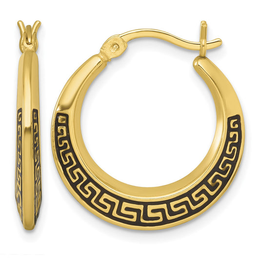 Sterling Silver Gold-tone Polished and Black Enameled Greek Key Round Graduated Hollow Hoop Earrings