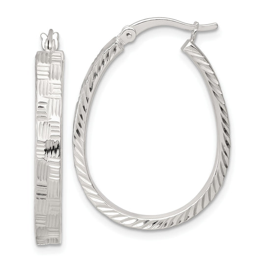 Sterling Silver Polished Straight Diamond-cut 4.0mm Oval Hoop Earrings