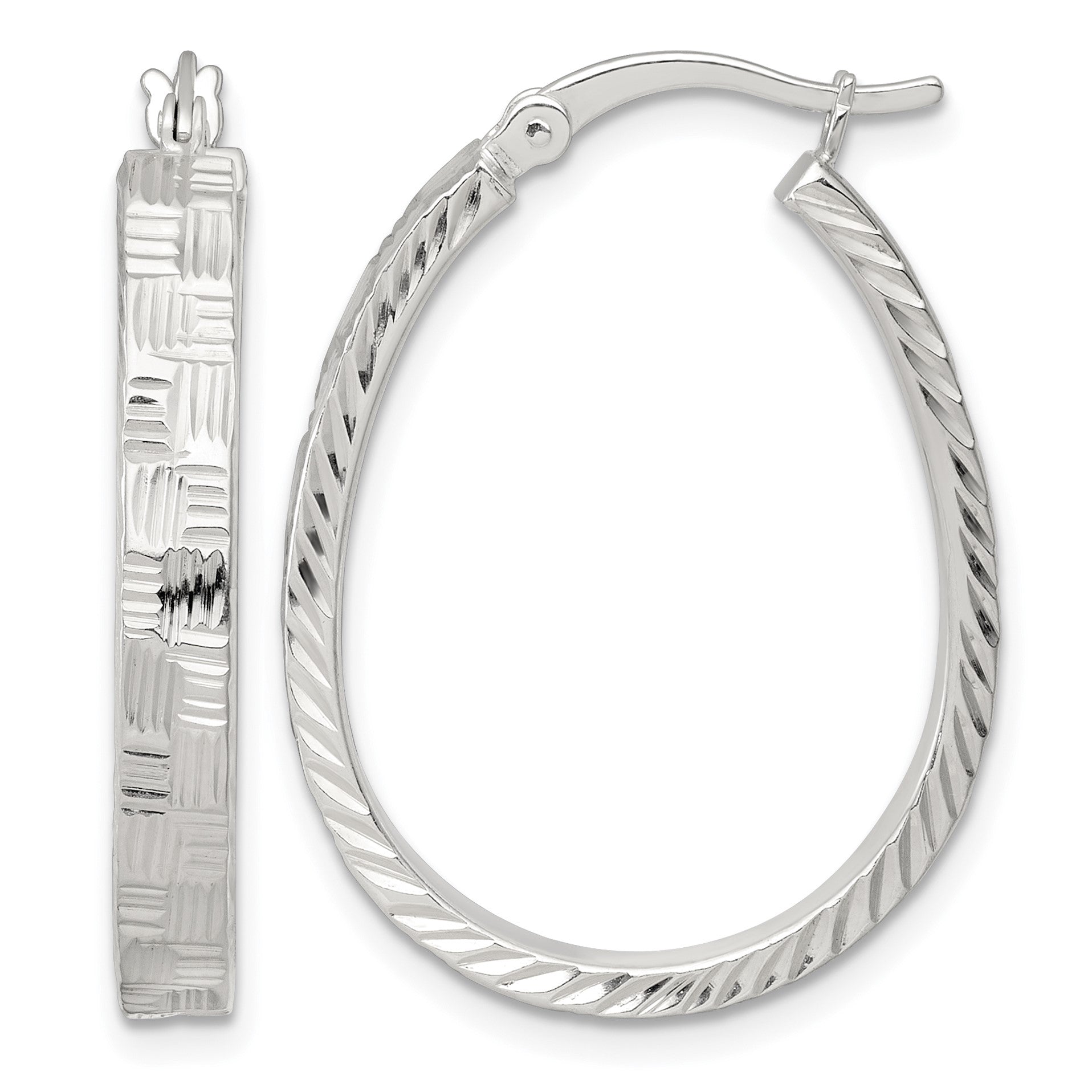 Sterling Silver Polished Straight Diamond-cut 4.0mm Oval Hoop Earrings