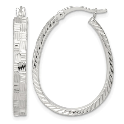Sterling Silver Polished Straight Diamond-cut 4.0mm Oval Hoop Earrings
