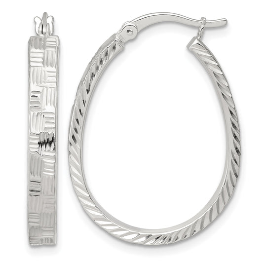 Sterling Silver Polished Straight Diamond-cut 4.0mm Oval Hoop Earrings