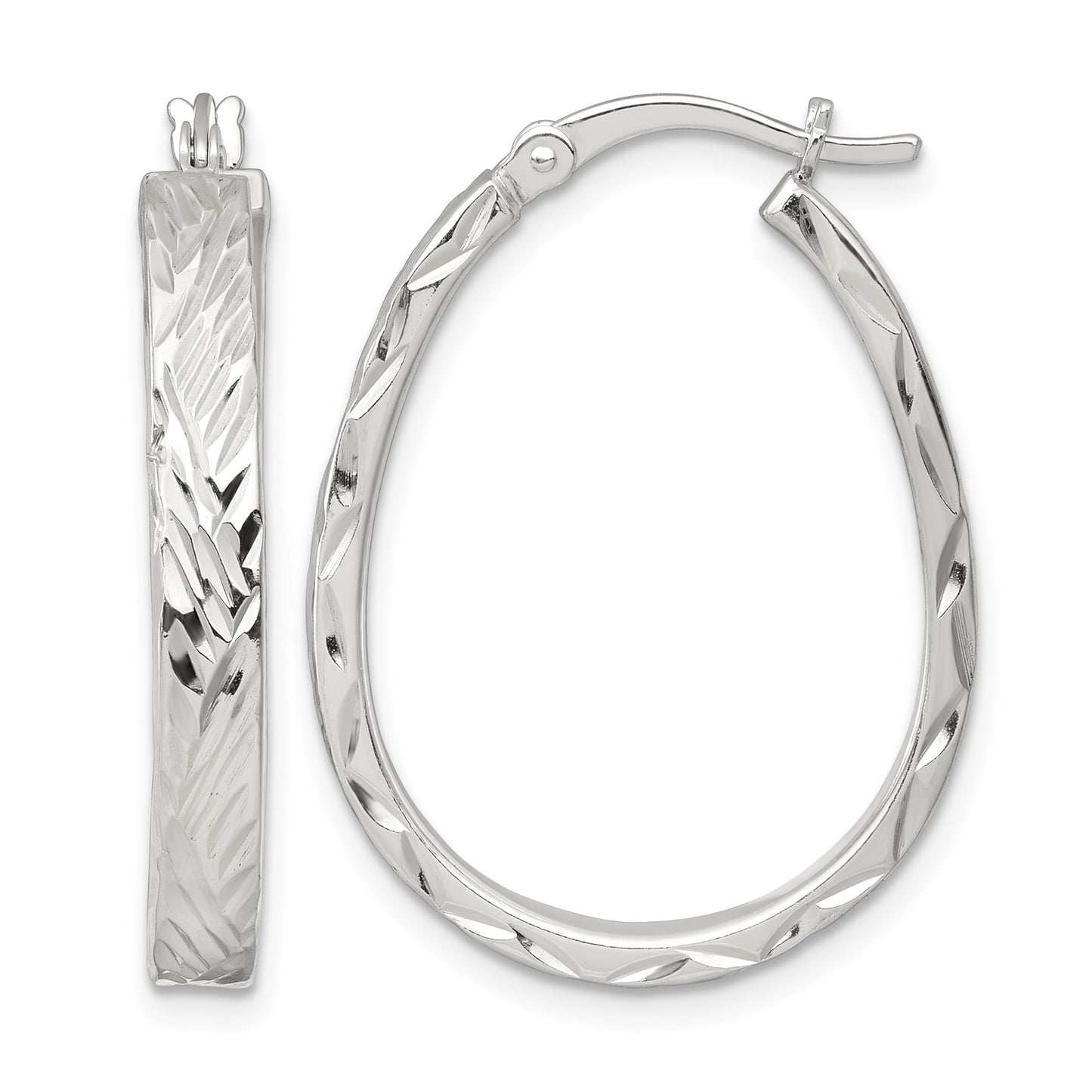 Sterling Silver Polished Diamond-cut 4.0mm Oval Hoop Earrings