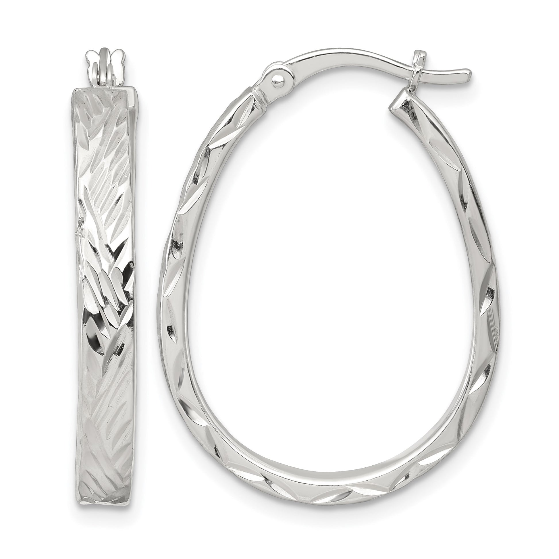 Sterling Silver Polished Diamond-cut 4.0mm Oval Hoop Earrings