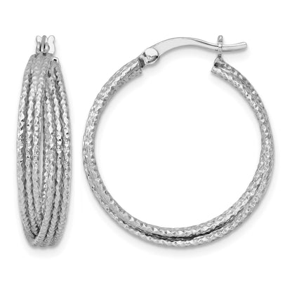 Sterling Silver Rhodium-plated Textured 25.0mm Crisscross Round Hoop Earrings