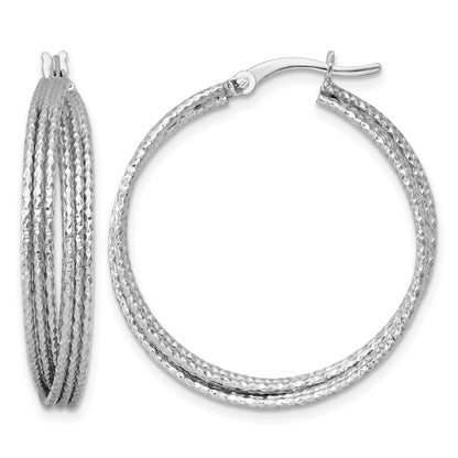 Sterling Silver Rhodium-plated Textured 31.0mm Crisscross Round Hoop Earrings