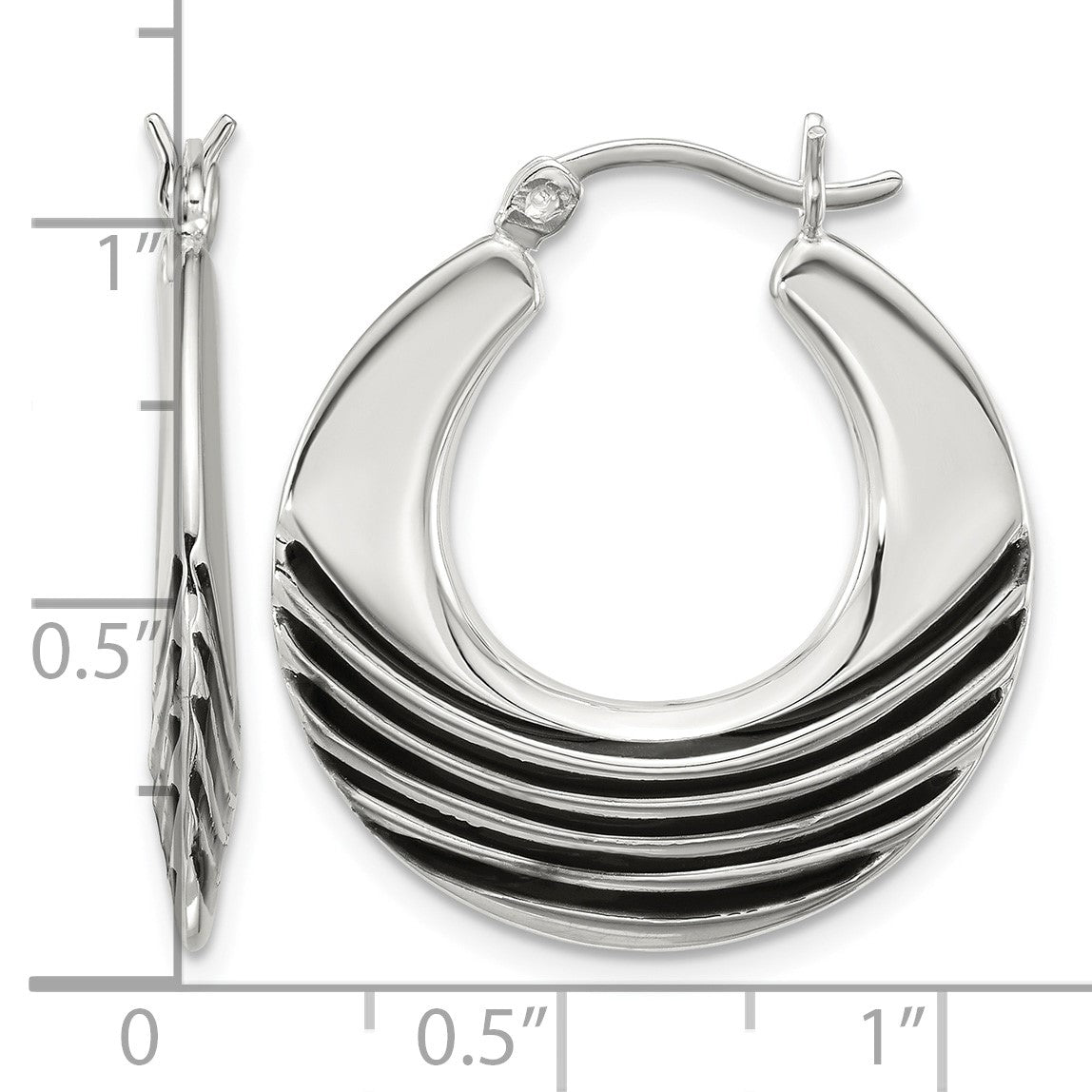 Sterling Silver Polished with Black Enamel Stripes Round Hollow Hoop Earrings