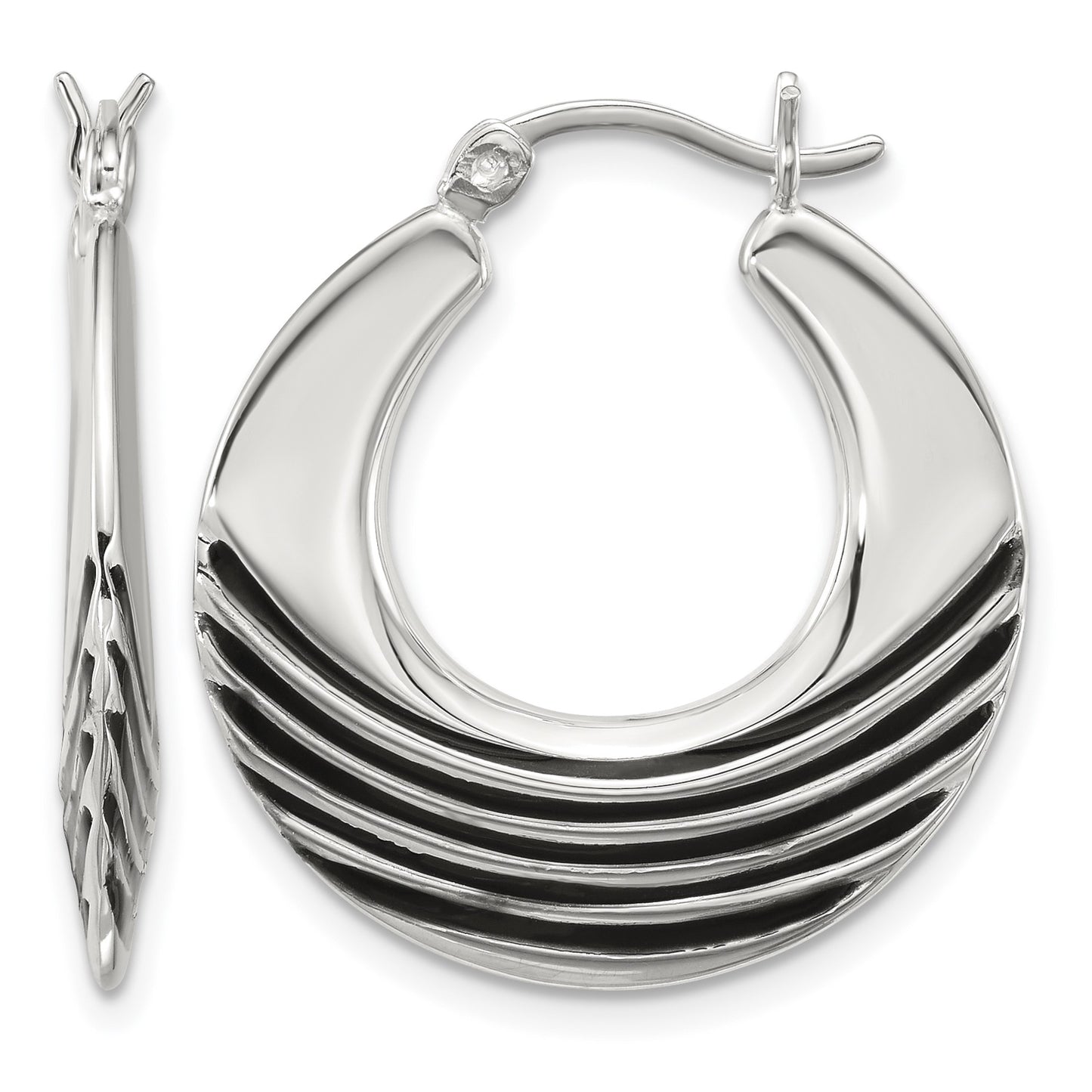 Sterling Silver Polished with Black Enamel Stripes Round Hollow Hoop Earrings